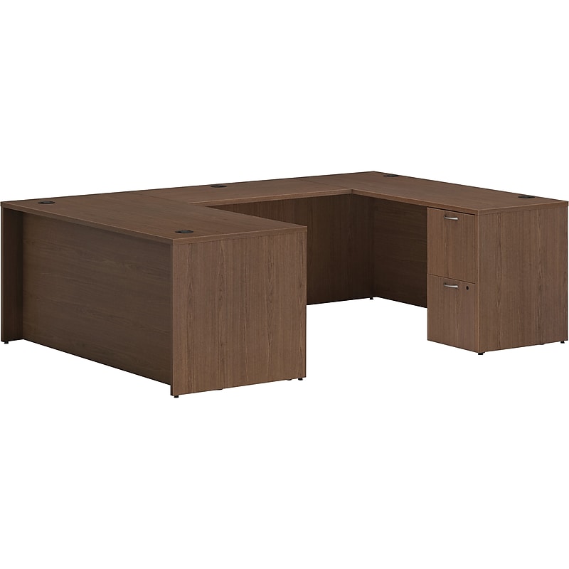 HON Mod 66"W x 96"D U-Shaped Computer Desk with 2 Support Pedestals, Sepia Walnut (HLPL6696UDESKSE1) image 1