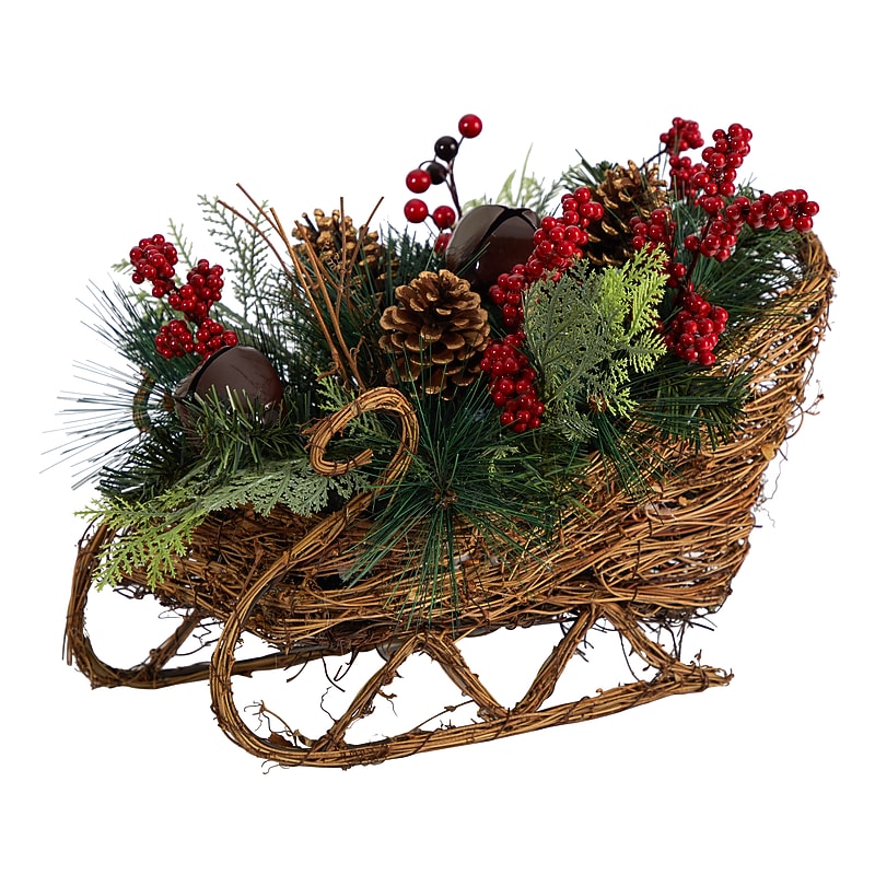 Nearly Natural Artificial Christmas Sleigh with Pine, Pinecones and Berries Christmas Arrangement, 18" (A1860) image 1