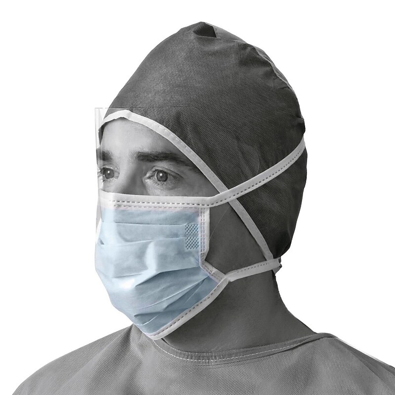 Medline Standard Surgical Masks with Shield and Ties, Blue, 100/Pack image 1