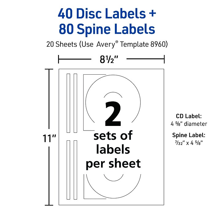 Avery Inkjet Full Face CD Labels, Matte White, 2 Labels/Sheet, 20