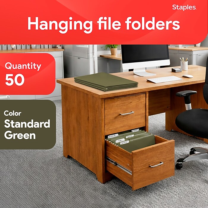 Staples Hanging File Folder, 1/5-Cut Tab, Letter Size, Standard