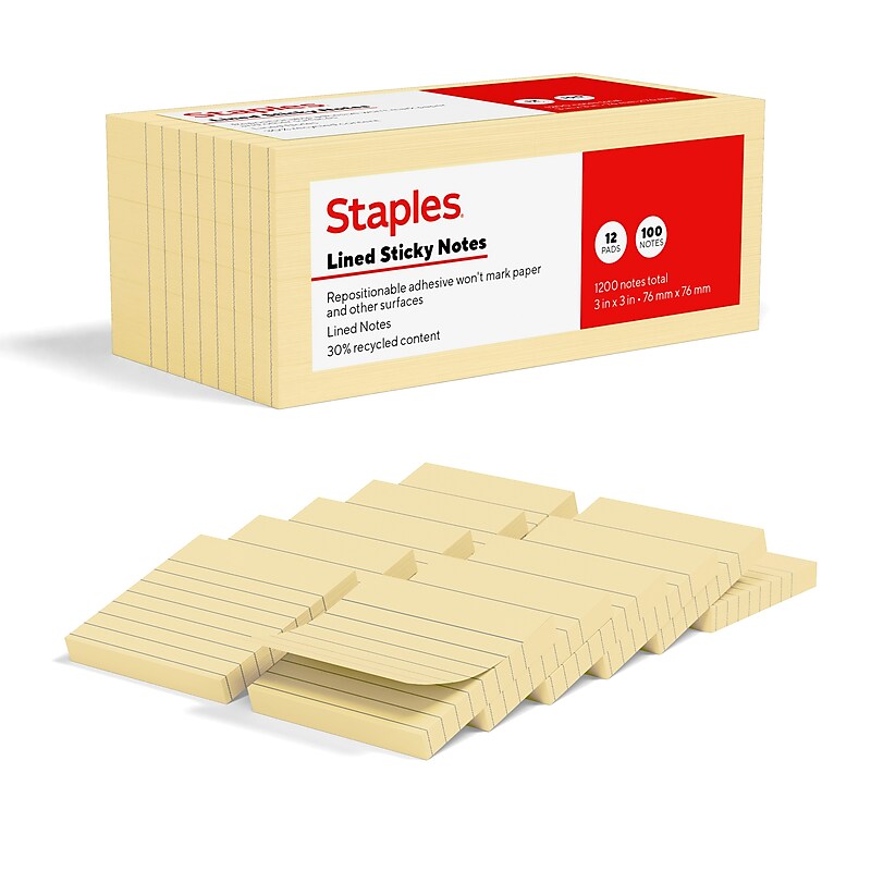 Staples Sticky Notes, 3" x 3", Sunshine Collection, Lined, 100 Sheets/Pad, 12 Pads/Pack (ST62869) image 1