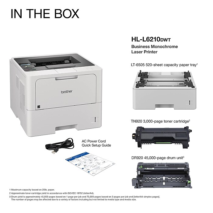 Brother HL L6210DWT Business Monochrome Laser Printer Dual Paper Trays Wireless Networking Staples