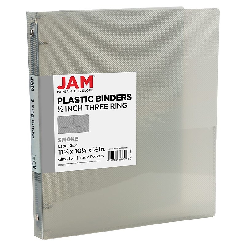 JAM Paper 1/2" 3-Ring Flexible Poly Binder, Smoke Gray (PB75237SM) image 1