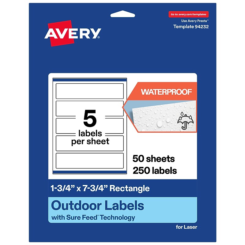 Avery Rectangle Laser Multipurpose Labels, 1.75" x 7.75", White, 250/Box (19479399282) image 1