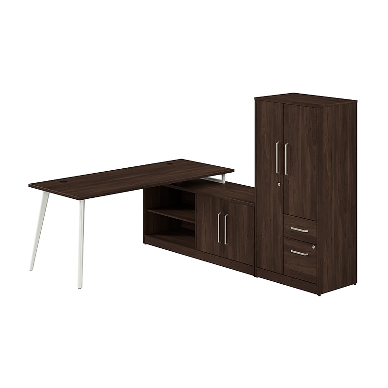 Bush Business Furniture Vista 72"W L Shaped Desk with Low Storage Cabinet and Wardrobe, Black Walnut (VST009BW) image 1