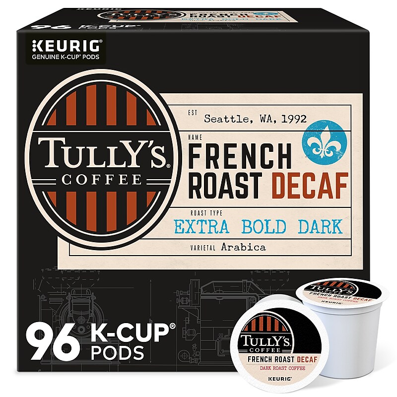 Tully's French Roast Decaf Coffee Keurig® K-Cup® Pods, Dark Roast, 96/Carton (700282) image 1