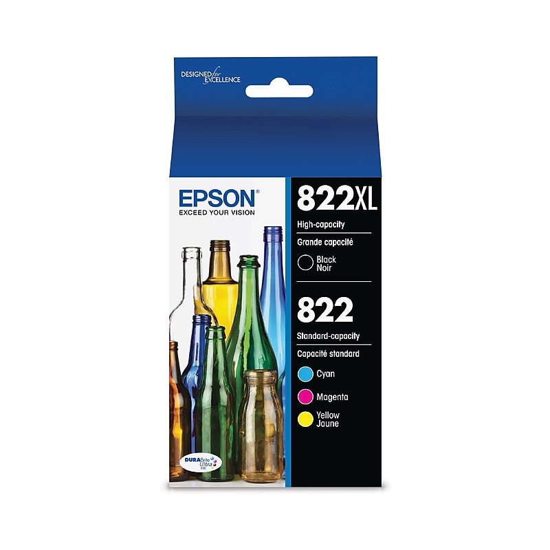 Epson T822XL/T822 Black High Yield and Cyan/Magenta/Yellow Standard Yield Ink Cartridges, 4/Pack (T822XL-BCS) image 1