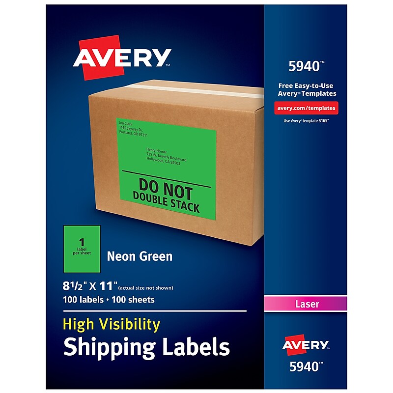 Avery Laser Shipping Labels, 8-1/2" x 11", Neon Green, 100 Labels/Box (5940) image 1