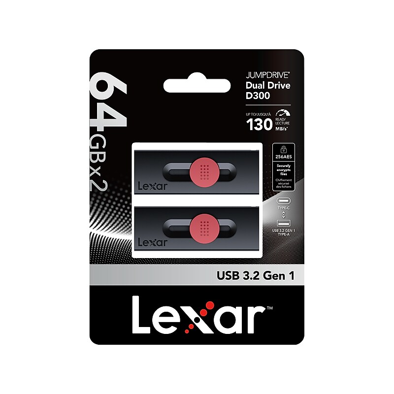 Lexar JumpDrive D300 Dual 64GB USB 3.2 Gen 1 Type-C/Type-A Flash Drive, Black/Red, 2/Pack (LJDD300064G-B2BNU) image 1