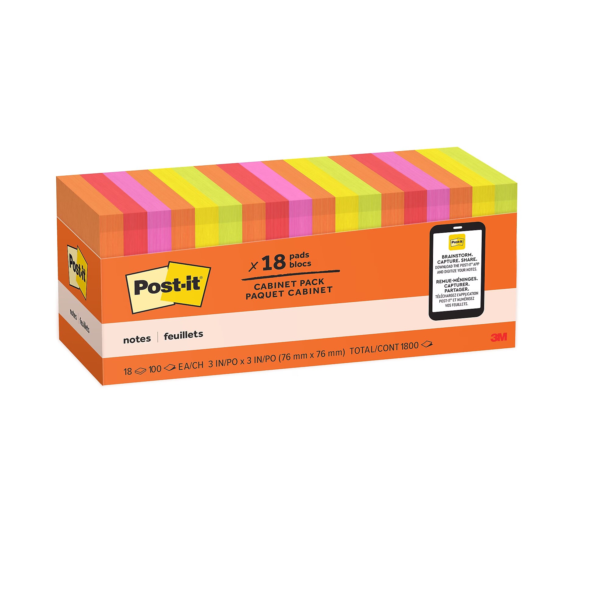 Post-it Notes, 3″ x 3″, Sunburst Collection, 100 Sheet/Pad, 18 Pads/Pack (654-18SUN-CP) Sansujyuku sansujyuku.com