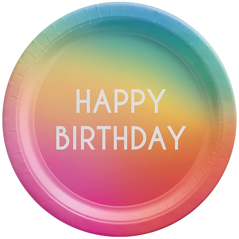 Party City Rainbow Ombre Happy Birthday 9" Paper Plates, Mulitcolored, 8 Plates/Pack (AM750005-ST) image 1