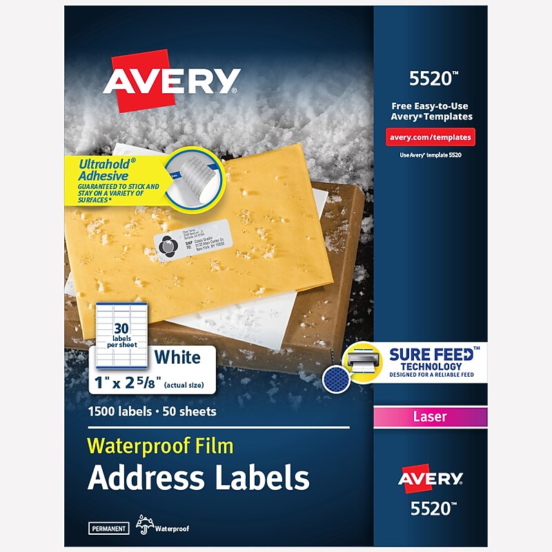 Avery Waterproof Laser Address Labels, 1" x 2-5/8", Matte White, 1,500 Labels/Box (5520) image 1
