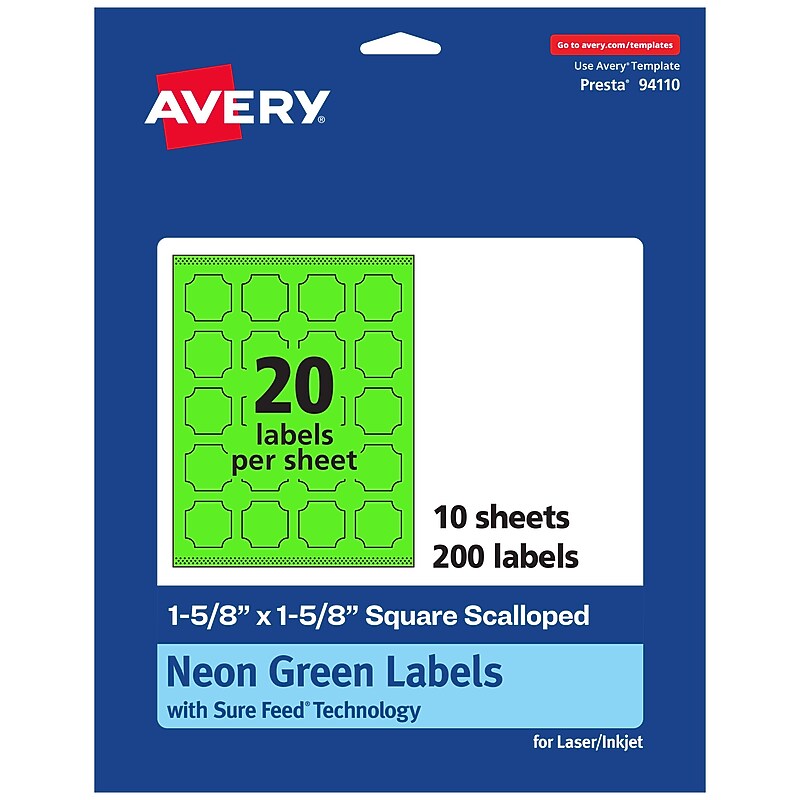 Avery Decorative Edge Multipurpose Labels, 1-5/8" x 1-5/8", Neon Green, 200/Pack (94110) image 1
