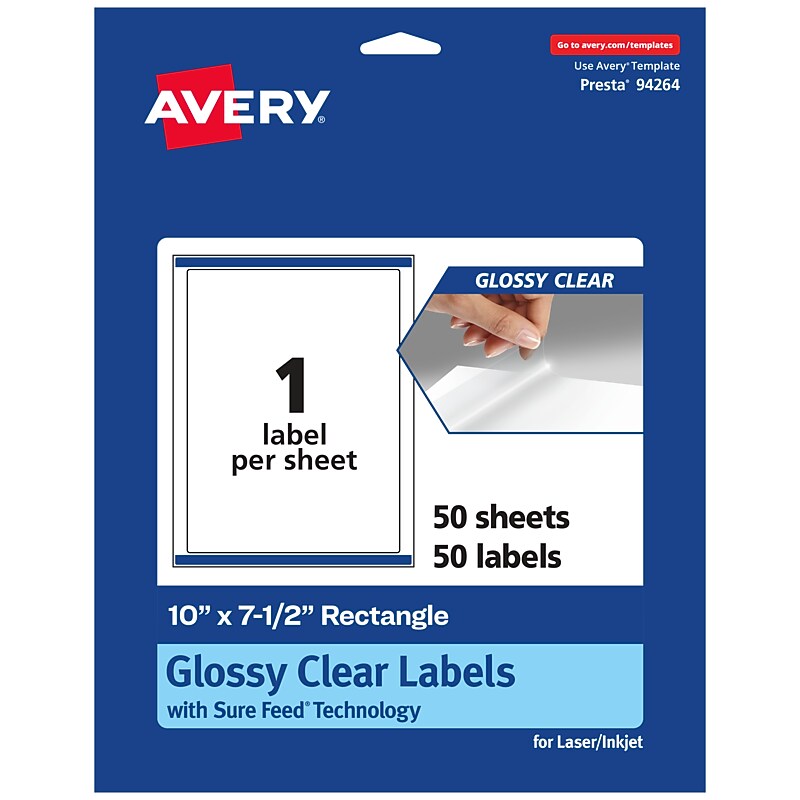 Avery Laser/Inkjet Multipurpose Labels, 7.5" x ", Glossy Clear, 50/Box (94264) image 1