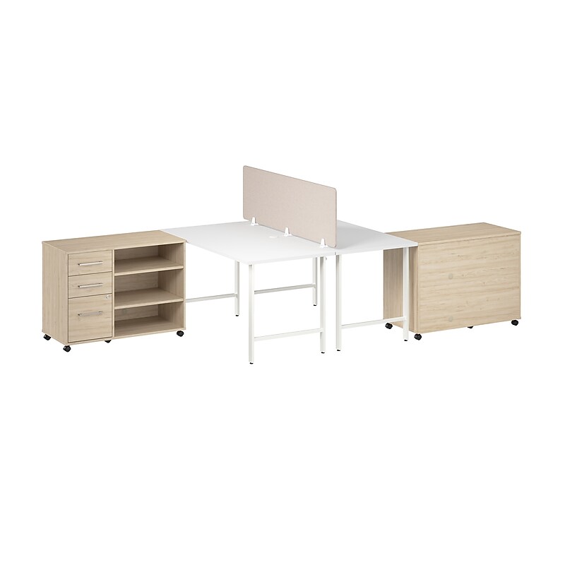 Bush Business Furniture Hustle 30"H x 60"W 2 Person Back to Back Cubicle Workstation, White/Natural Elm (HUS016WHNE) image 1