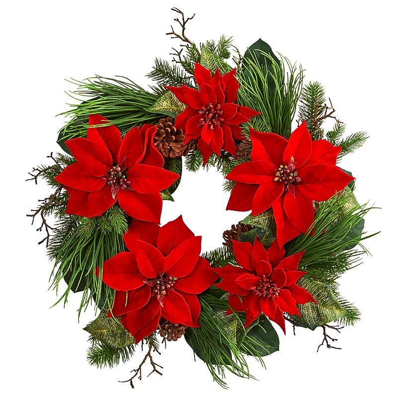 Nearly Natural Poinsettia and Pine Wreath, 28" (4203) image 1