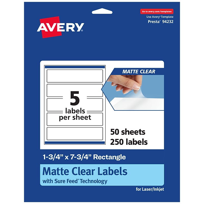 Avery Laser/Inkjet Rectangle Multipurpose Labels, 1-3/4" x 7-3/4", Clear, 250/Box (94232) image 1