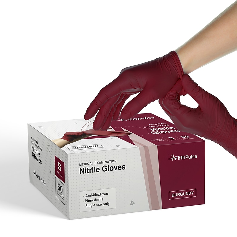 FifthPulse Powder Free Nitrile Gloves, Latex Free, Small, Burgundy, 50/Box (FMN100182) image 1