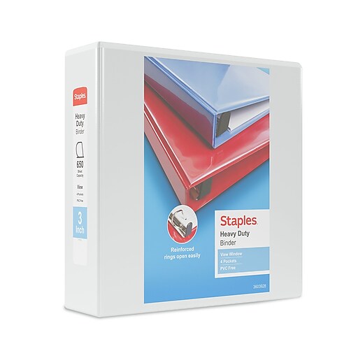 Staples Heavy Duty 3" 3Ring View Binders, DRing, White, 4/Pack