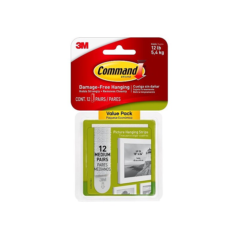 Command Medium Picture Hanging Strips, 12 lbs., White, 12/Pack (17204-12ALT) image 1