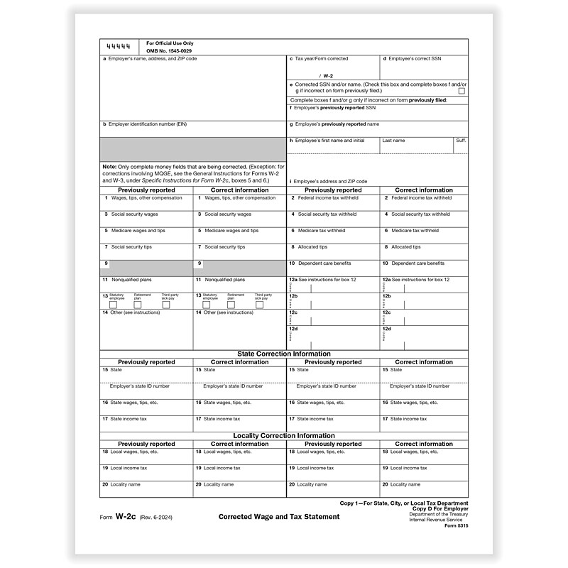 ComplyRight 2025 W-2C Tax Form, 1-Part, Copy 1/D, 50/Pack (531550) image 1
