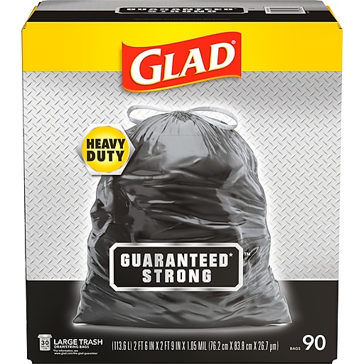 GLAD 70313 Drawstring Outdoor 30-Gallon Trash Bags, 1.05 Mil, 30 x 33,  Black (Pack of 90)