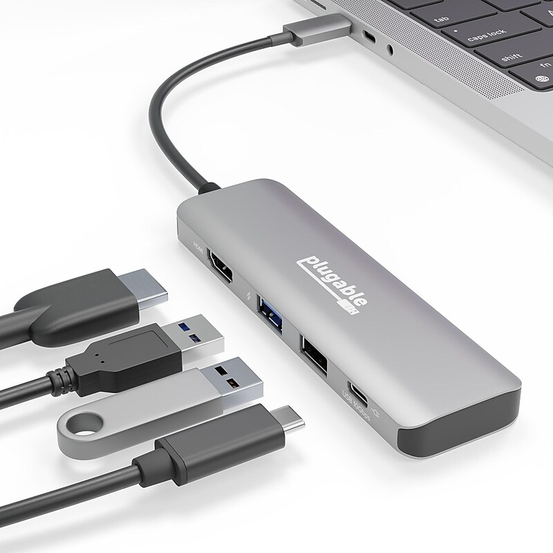 Plugable 4-in-1 USB-C Hub with 4K HDMI, 100W, Silver (USBC-4IN1) image 1