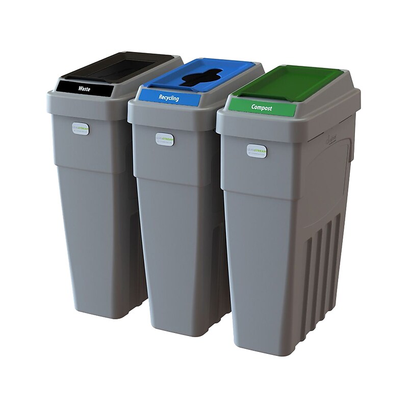 CleanRiver LeanStream Plastic Three-Stream Recycling Station, 69 Gallon, Gray (LS3-002) image 1
