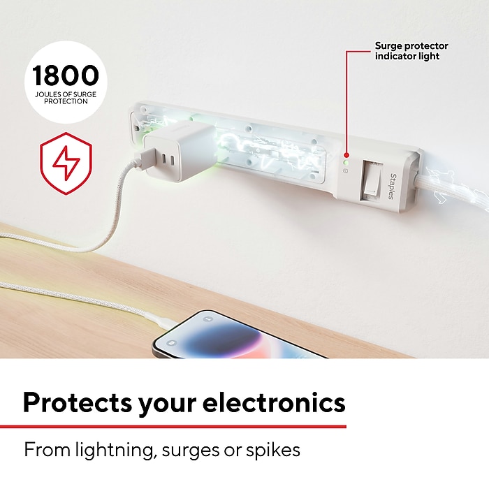 Staples TECH 6-Outlet Surge Protector, 10', 1800 Joules, White
