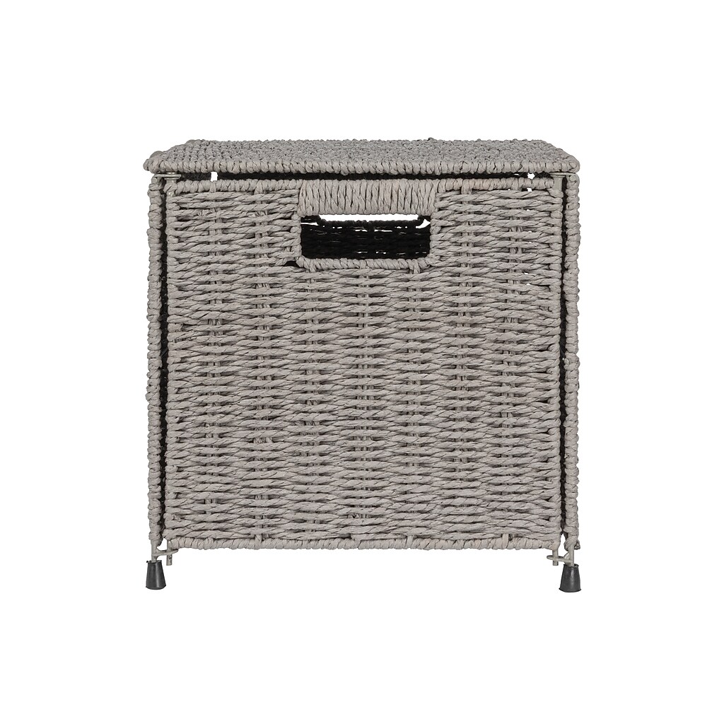 Grey wicker storage cube with woven texture and an opening