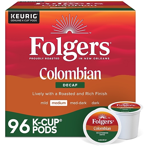 Folgers 100 Colombian Decaf Coffee, Keurig KCup Pod, Medium Roast, 96