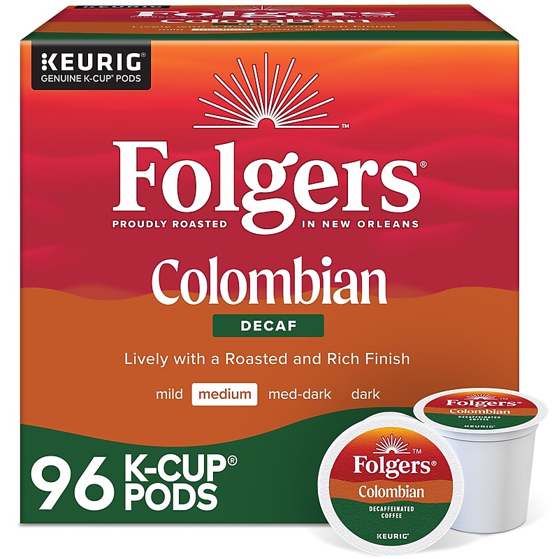 Folgers 100% Colombian Decaf Coffee, Keurig K-Cup Pod, Medium Roast, 96/Carton (5000053359CT) image 1