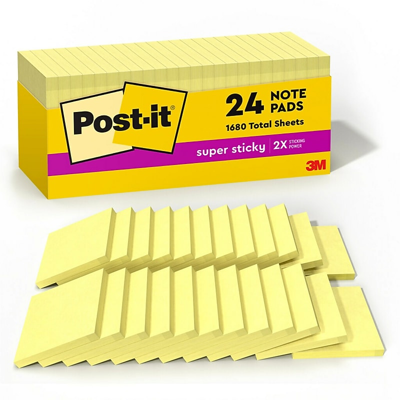 Post-it Super Sticky Notes, 3" x 3", Canary Collection, 90 Sheet/Pad, 24 Pads/Box (65424SSCP) image 1
