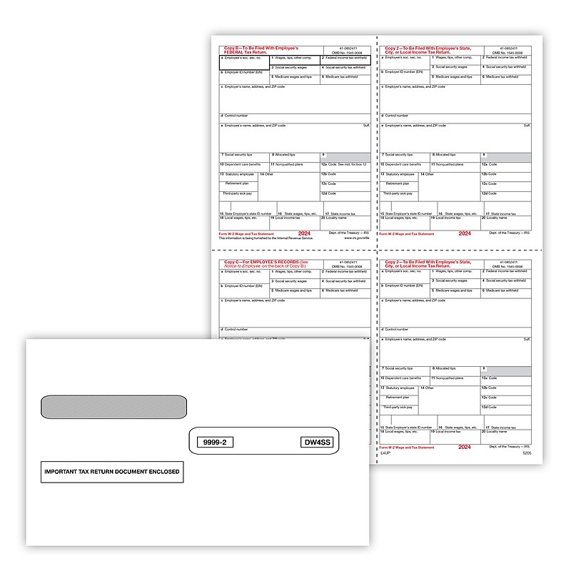 ComplyRight 2024 W-2 Tax Form Envelopes/Recipient Copy Only, 1-Part, 4-Up, Copy B, C, 2 and 2 combined, 50/Pack (5205E) image 1