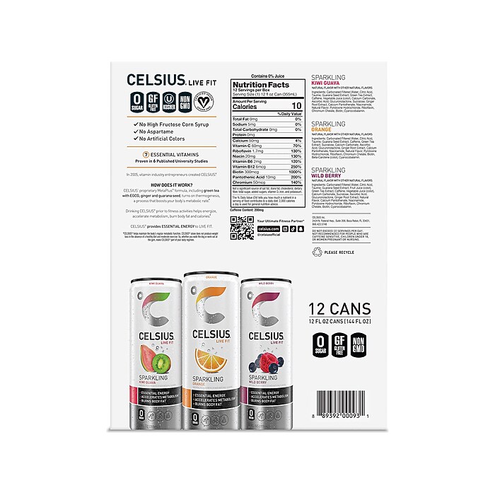 Celsius Sugar-Free Kiwi Guava, Orange, Wild Berry Variety Pack