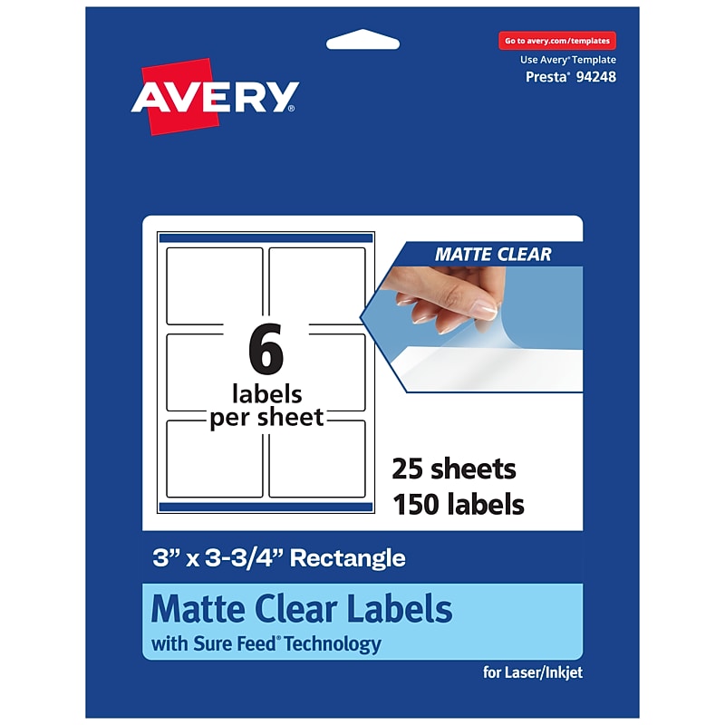 Avery Laser/Inkjet Rectangle Multipurpose Labels, 3" x 3-3/4", Clear, 150/Pack (94248) image 1