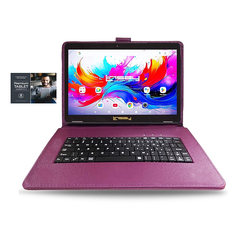 LINSAY F10 Series 10.1" Tablet, Wi-Fi, Octa Core, 256GB eMMC, Android 15, Purple Keyboard Case (F10XIPSPURPLESPLUS) image 1