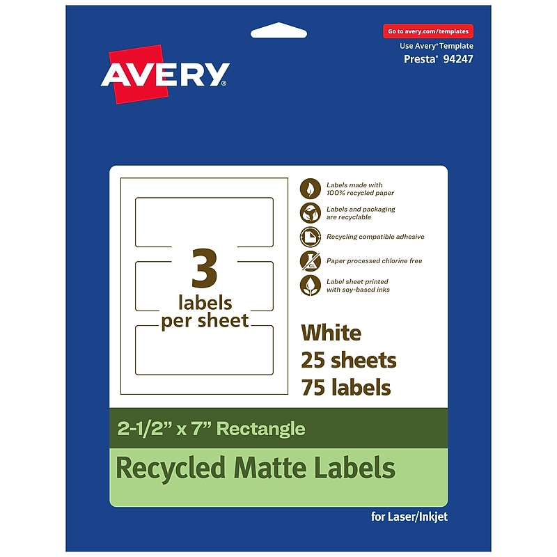 Avery EcoFriendly Laser/Inkjet Rectangle Multipurpose Labels, 2-1/2" x 7", White, 75/Pack (94247) image 1