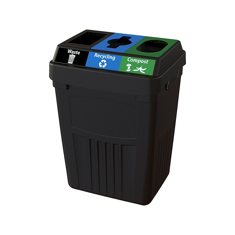 CleanRiver FlexE Plastic Three-Stream Recycling Station, 50 Gallon, Black (FX50A-BK3-R-BE-W-BK-C-GN) image 1