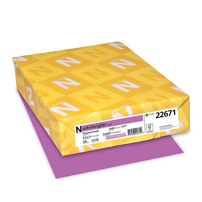 Astrobrights 8.5" x 11" Color Multipurpose Paper, 24 lbs., Planetary Purple, 500 Sheets/Ream, 10/Ream (22671/21678CT) image 1
