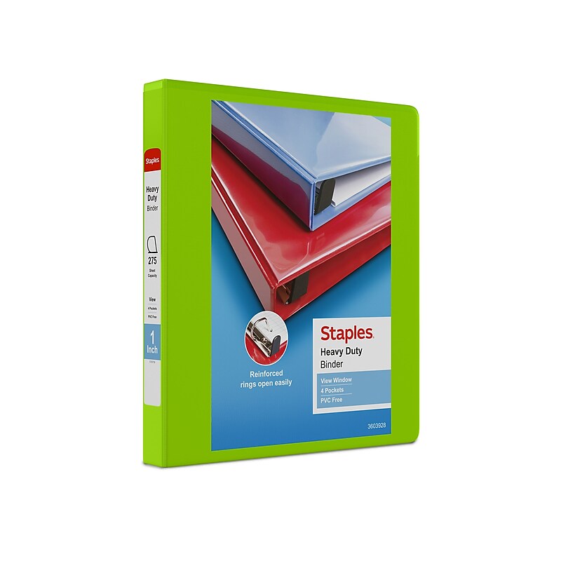 Staples Heavy Duty 1" 3-Ring View Binder, D-Ring, Chartreuse (ST56319-CC) image 1