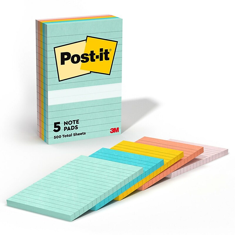 Post-it Notes, 4" x 6", Beachside Café Collection, Lined, 100 Sheet/Pad, 5 Pads/Pack (6605PKAST) image 1