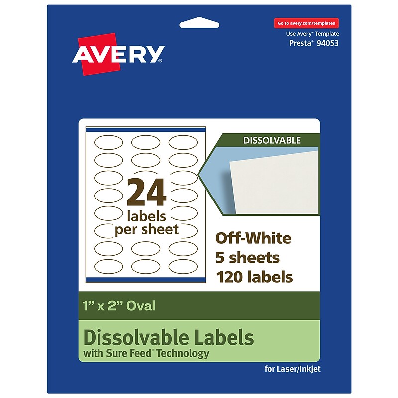 Avery Dissolvable Oval Multipurpose Labels, 1" x 2", Off-white, 120/Pack (94053) image 1