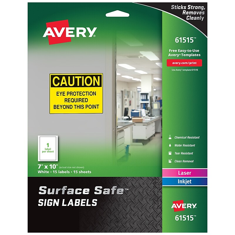 Avery Surface Safe Laser/Inkjet Label Safety Signs, 7" x 10", White, 15 Labels/Pack (61515) image 1