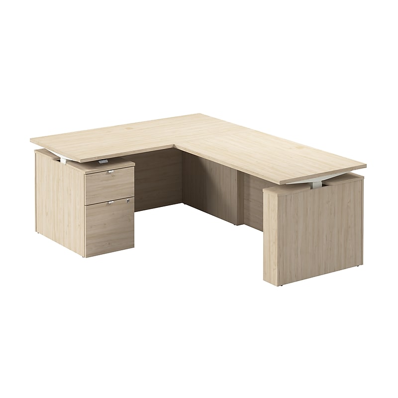 Bush Business Furniture Stratus 60"W Electric L-Shaped Adjustable Standing Desk with Cabinet, Natural Elm (SUT015NE) image 1