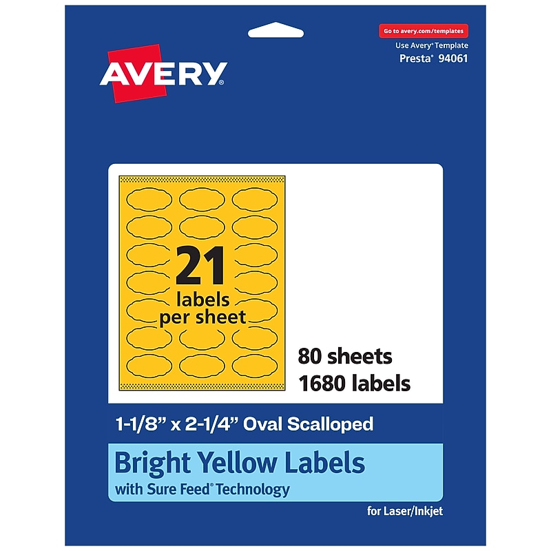 Avery Oval Scalloped Laser/Inkjet Multipurpose Labels, 1-1/8" x 2-1/4", Bright Yellow (1680/Box) image 1