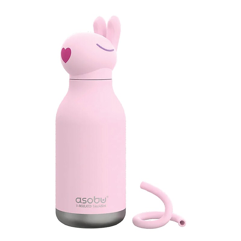 ASOBU Bestie Bottle Bunny Vacuum Insulated Stainless Steel Water Bottle with Reusable Flexi Straw, 16 oz., Pink (SBV44BU) image 1