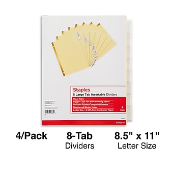 Staples Large Tab Insertable Paper Dividers, Clear 8 Tab, Buff, 4/Pack (13516/14482)