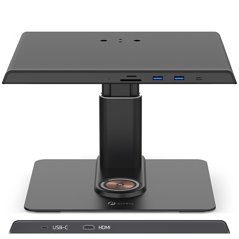 Purely S502 Ergonomic Adjustable Monitor Riser & Laptop Docking Station with Wireless Charging, Black (PMS502DS) image 1